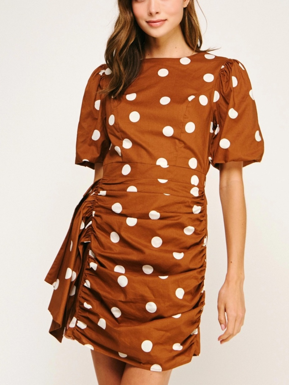 Strut & Bolt Boutique Brown Polkadot Ruched Dress Large NWT Party Puff Sleeve - Picture 3 of 8